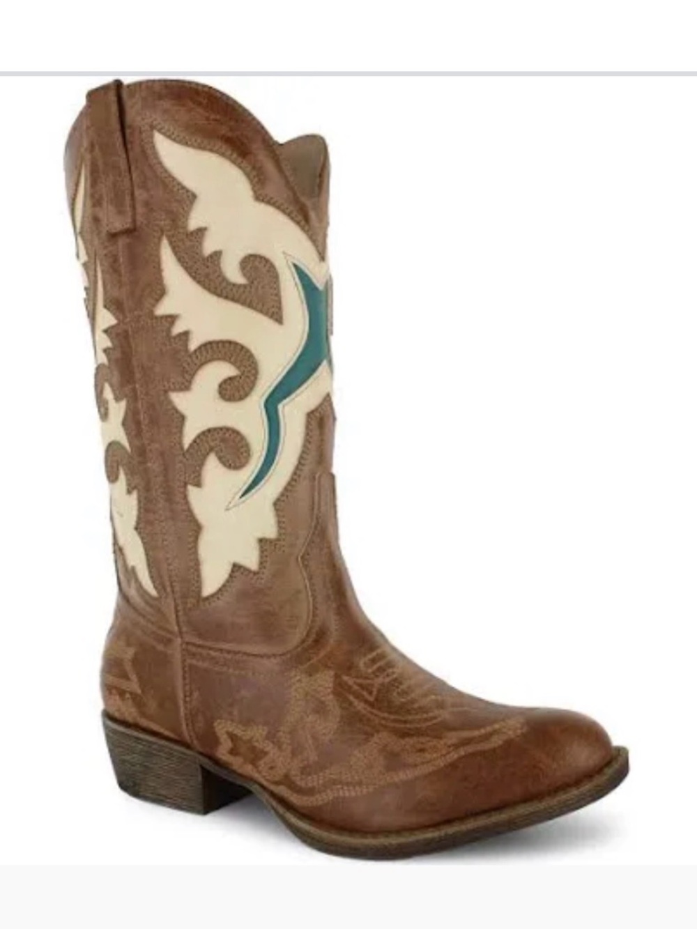 Women’s Brown Leather Western Boots with Cream Panels and Teal Accent
